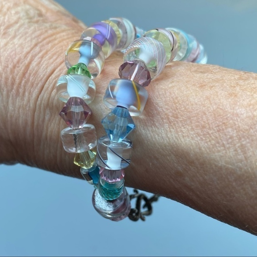 Artisan 925 Sterling Silver Pastel Pink Blue Crystal Glass Beaded Bracelet NEW - Picture 4 of 11